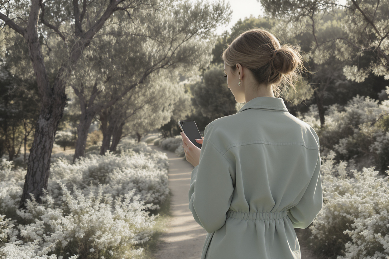Personne utilisant un outil numérique dans un environnement naturel